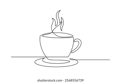 Continuous thin line coffee cup with smoke vector illustration, Single continuous line art. Coffee cup tea cup morning cafe hot drink.