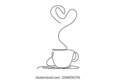 Continuous thin line coffee cup with smoke vector illustration, Single continuous line art. Coffee cup tea cup morning cafe hot drink.