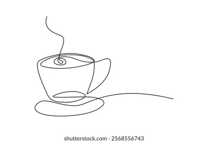 Continuous thin line coffee cup with smoke vector illustration, Single continuous line art. Coffee cup tea cup morning cafe hot drink.