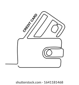 Continuous thin line credit card vector illustration, minimalist bank card sketch doodle. One line art bankcard icon, single outline drawing or simple debit card logo