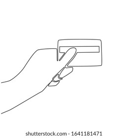 Continuous thin line credit card in hand vector illustration, minimalist bank card sketch doodle. One line art bankcard icon, single outline drawing or simple debit card logo