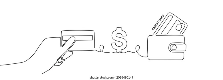 Continuous Thin Line Credit Card In Hand, Dollar Icon, Wallet Symbol. Minimalist Bank Card Sign, One Line Bankcard, Debit Card Logo Vector Illustration