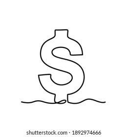 Ilustración continua del vector del dólar de línea delgada, boceto de dinero minimalista. Icono de una línea de arte dólar, dibujo de un solo esquema o logotipo de moneda simple