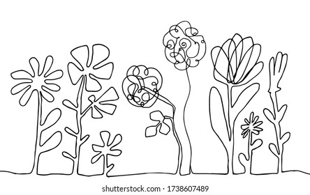 Continuous thin line flower vector illustration, minimalist botanical sketch doodle. One line art flowering blossom icon, single floral outline drawing or simple plant logo