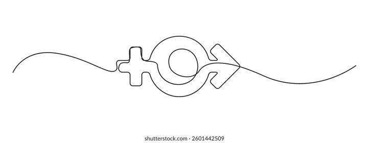 Continuous thin line gender icon, monoline male female rights draw, one line art sex equity symbol, single outline balance sign, oneline venus and mars pictogram, gender vector illustration