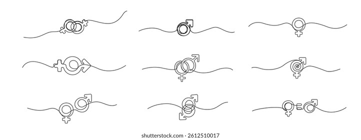 Continuous thin line gender icon, minimalist male female rights draw, one line art sex equity symbol, single outline balance sign, oneline venus and mars pictogram set