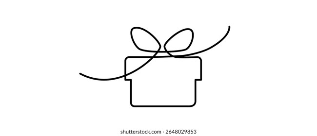 Continuous Thin Line Gift Box, Minimalist Present Drawing, One Line Art Giftbox, Single Package Outline Drawing, Simple Parcel Logo Vector Illustration