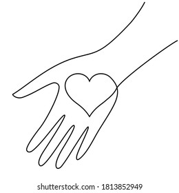 Continuous thin line heart in hands vector illustration, minimalist love sketch doodle. One line art valentine icon with palms, single wedding outline drawing or simple heart logo