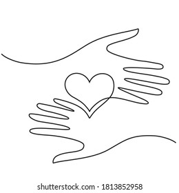 Continuous thin line heart in hands vector illustration, minimalist love sketch doodle. One line art valentine icon with palms, single wedding outline drawing or simple heart logo