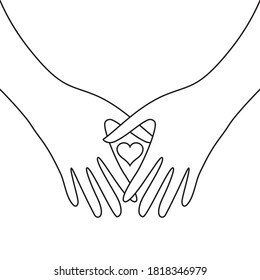 Continuous thin line heart in hands vector illustration, minimalist love sketch doodle. One line art valentine icon with palms, single wedding outline drawing or simple heart logo