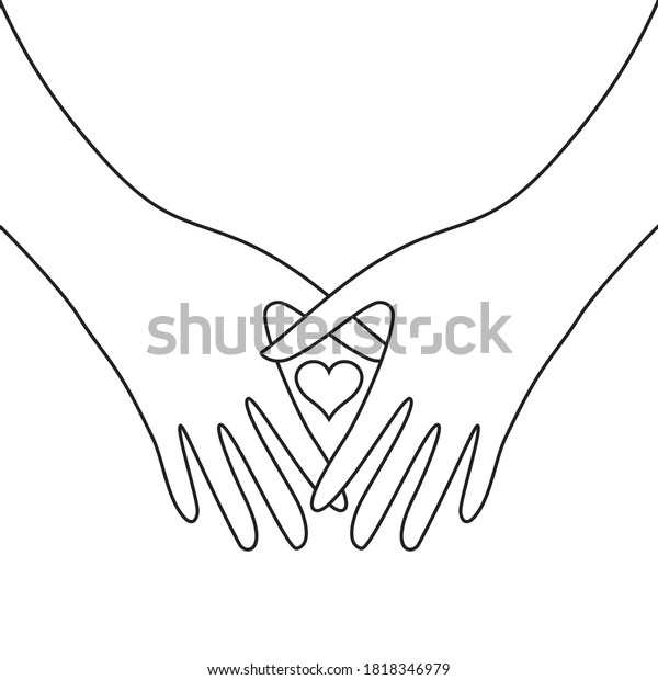 Continuous\
thin line heart in hands vector illustration, minimalist love\
sketch doodle. One line art valentine icon with palms, single\
wedding outline drawing or simple heart\
logo