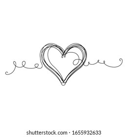 Continuous thin line heart vector illustration, minimalist love sketch doodle. One line art valentine icon, single wedding outline drawing or simple heart logo