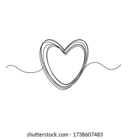 Continuous thin line heart vector illustration, minimalist love sketch doodle. One line art valentine icon, single wedding outline drawing or simple heart logo