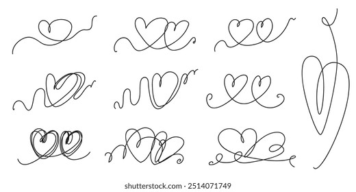 Continuous thin line heart vector illustration, minimalist love sketch doodle. One line art valentine icon, single wedding outline drawing or simple heart logo