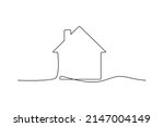 Continuous thin line home vector illustration, minimalist house icon. One line art cottage building