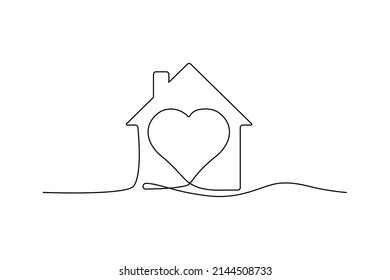 Continuous thin line home vector illustration, minimalist house icon. One line art cottage building