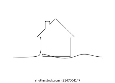 Continuous thin line home vector illustration, minimalist house icon. One line art cottage building - Shutterstock ID 2147004149