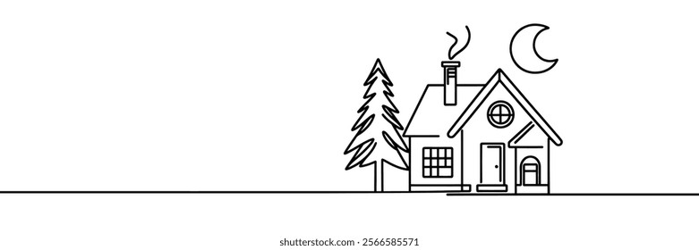 Continuous thin line house vector illustration, minimalist house icon.