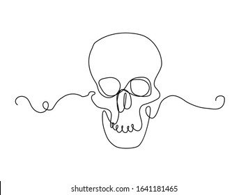 Continuous thin line human skull vector illustration, minimalist cranium sketch doodle. One line art scull icon, single outline drawing or simple skull logo