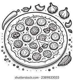 Continuous thin line pizza. One line art pepperoni pizza vector illustration, minimalist sketch