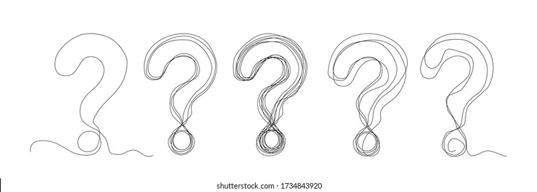 Continuous thin line question mark vector illustration. One line art ask symbol, minimalist query sketched sign, simple quiz icon, problem concept, set of questions svg