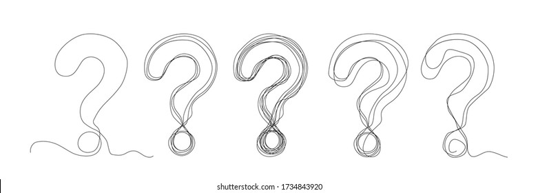 Continuous Thin Line Question Mark Vector Illustration. One Line Art Ask Symbol, Minimalist Query Sketched Sign, Simple Quiz Icon, Problem Concept, Set Of Questions