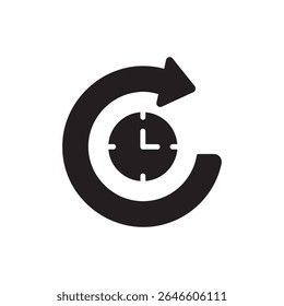 Continuous time icon with a clock and circular arrow representing 24 hour service time management and a repeating cycle or endless process vector solid glyph icon