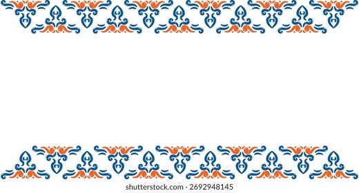 Continuous top and bottom border pattern of alternating blue and orange folk scroll motifs