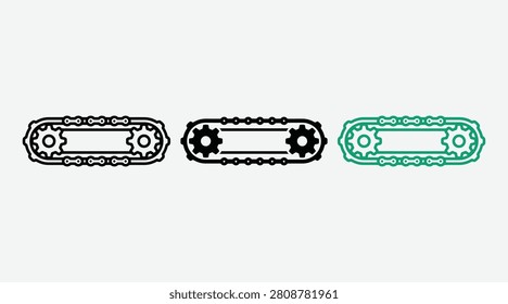 Continuous track icons in three distinct styles for heavy machinery, tanks, and industrial vehicle drive systems.