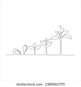 Continuous tree plant growing and seed maturation single line art vector outline illustration