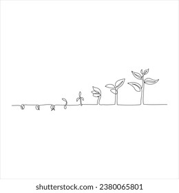 Continuous tree plant growing and seed maturation single line art vector outline illustration