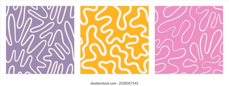 Continuous twisted line, fluid, wriggling endless stripe seamless repeat vector patterns set. Liquid, funky organic ornaments, groovy square backgrounds. Doodle, uneven hand drawn wavy, winding line