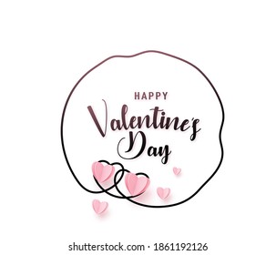 Continuous uneven sketch line heart round shape frame with realistic paper heart and greeting happy valentine day text isolated on white background. Love border pattern invitation design.