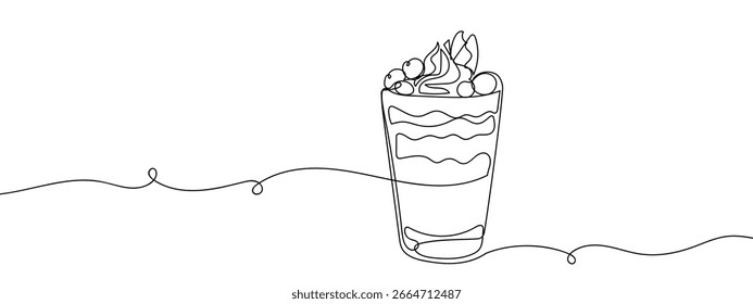 Continuous vector art line. Parfait. Ice cream in glass. Transparent background.