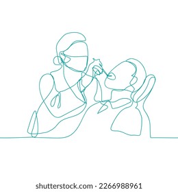 Ilustración vectorial continua del dentista, examinando el estado de los dientes del paciente. Trabajador del servicio de atención médica, el concepto de tratamiento de dientes línea continua dibuja la ilustración del diseño.