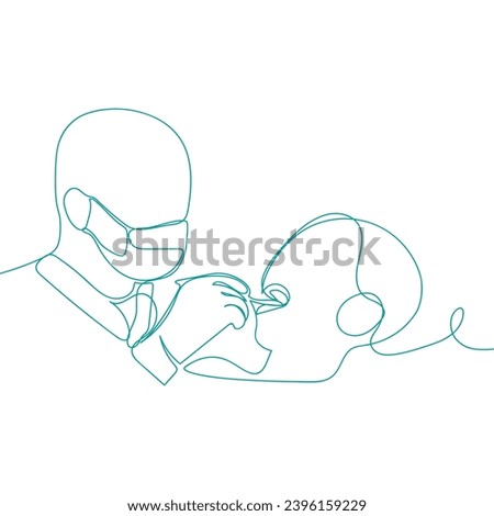  Continuous vector illustration of dentist, examining patient teeth condition. Medical health care service worker, teeth treatment care concept continuous line draw desig illustration.
