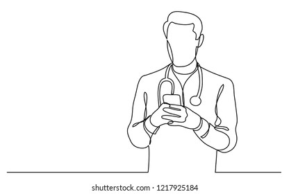 Continuous Vector Line Drawing Of Doctor Checking His Mobile Phone