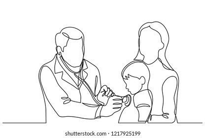 continuous vector line drawing of doctor examining child patient