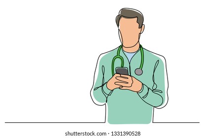 continuous vector line drawing of doctor checking his mobile phone