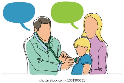continuous vector line drawing of doctor examining child patient