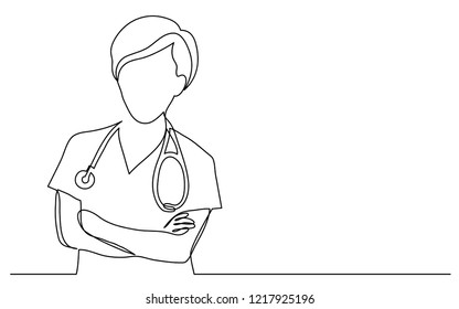 continuous vector line drawing of female doctor with crossed arms