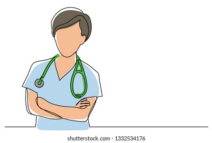 continuous vector line drawing of female doctor with crossed arms