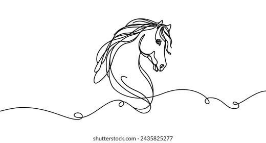 Dibujo lineal de vector continuo de la cabeza del caballo. Dibujado con una línea.