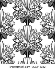 Continuous vector pattern with black graphic lines, decorative abstract background with geometric figures. Monochrome ornamental seamless backdrop, can be used for design and textile.