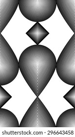Continuous vector pattern with black graphic lines, decorative abstract background with geometric figures. Monochrome ornamental seamless backdrop, can be used for design and textile.