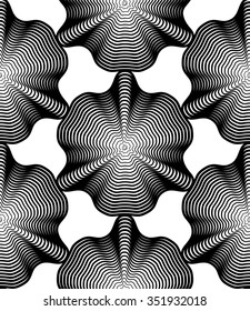 Continuous vector pattern with black graphic lines, decorative abstract background with geometric shapes. Monochrome ornamental seamless backdrop, can be used for design and textile.