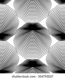 Continuous vector pattern with black graphic lines, decorative abstract background with geometric figures. Monochrome ornamental seamless backdrop, can be used for design and textile.