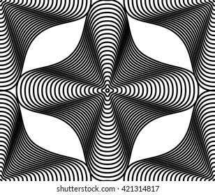 Continuous vector pattern with black graphic lines, decorative abstract background with geometric figures. Monochrome ornamental seamless backdrop, can be used for design and textile.