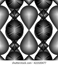 Continuous vector pattern with black graphic lines, decorative abstract background with overlay ornament. Monochrome illusive seamless backdrop, can be used for design and textile.