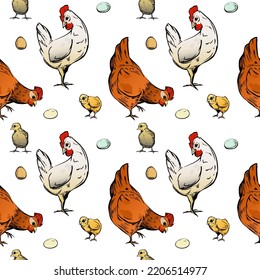 continuous vector pattern with hens,chickens and eggs. Seamless grid with spring farm mood.